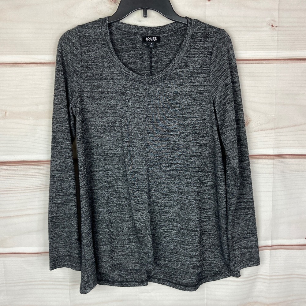 Jones New York Top Womens Small Black Marl Knit Scoop Neck Long Sleeve Stretch